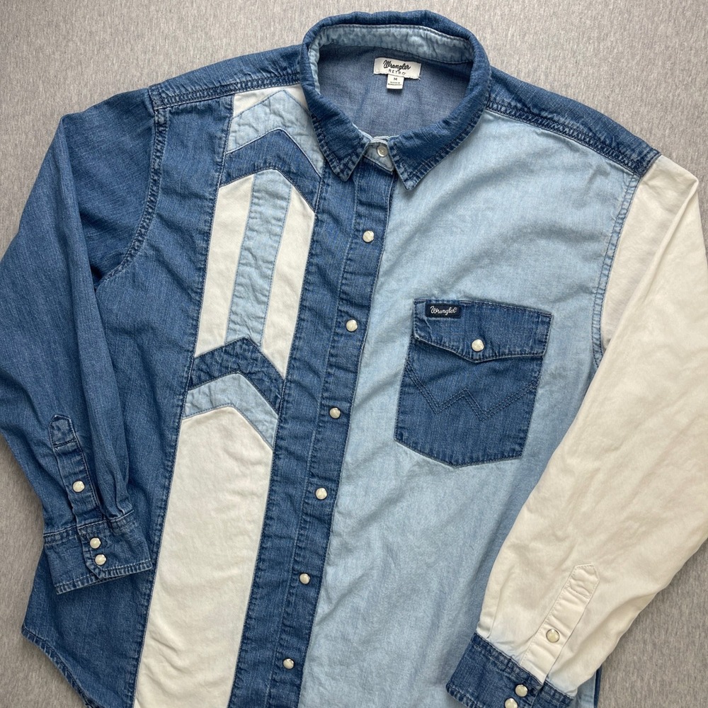 Wrangler Retro Mens Colorblock Denim Western Shirt Pearl Snap Chevron Patchwork